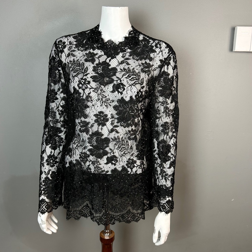 VTG 1950s All over Black Lace Rhinestone Top Women's L Foil-back Gatsby Cocktail